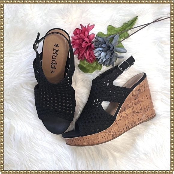 Mudd Black Lattice Slingback Cork Wedges Platform Heels Size 8 - Picture 1 of 9